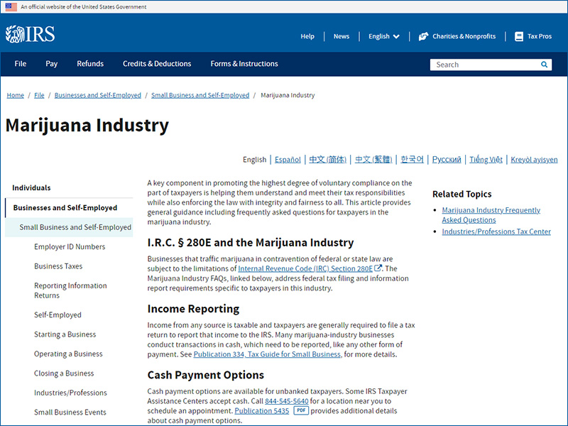 IRS.gov Marijuana Industry webpage screenshot