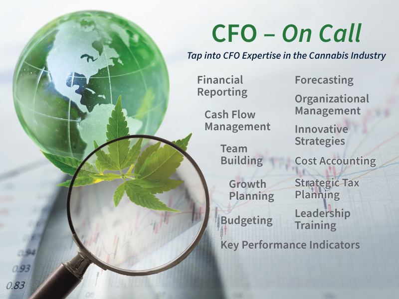 CFO - On Call imagery of a glass globe, green tinted and an overlying magnifying glass examining a cannabis leaf and the globe. Service area topics are listed.