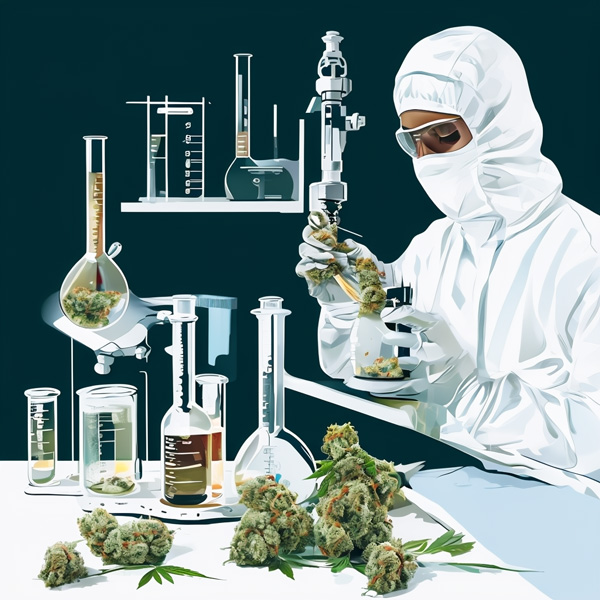 image of a lab worker with beakers, flasks, and cannabis bud