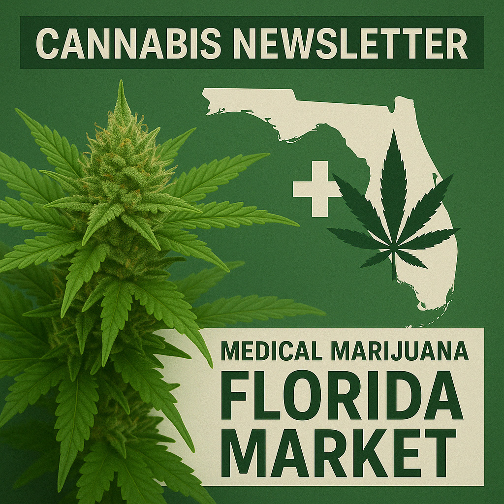 Cannabis-newsletter-Florida-Market_1024x1024 Cannabis Newsletter words, medical marijuana, Florida Market, images of cannabis maturing plant, fan leaf superimposed over the image of the state of Florida, and a medic cross symbol.