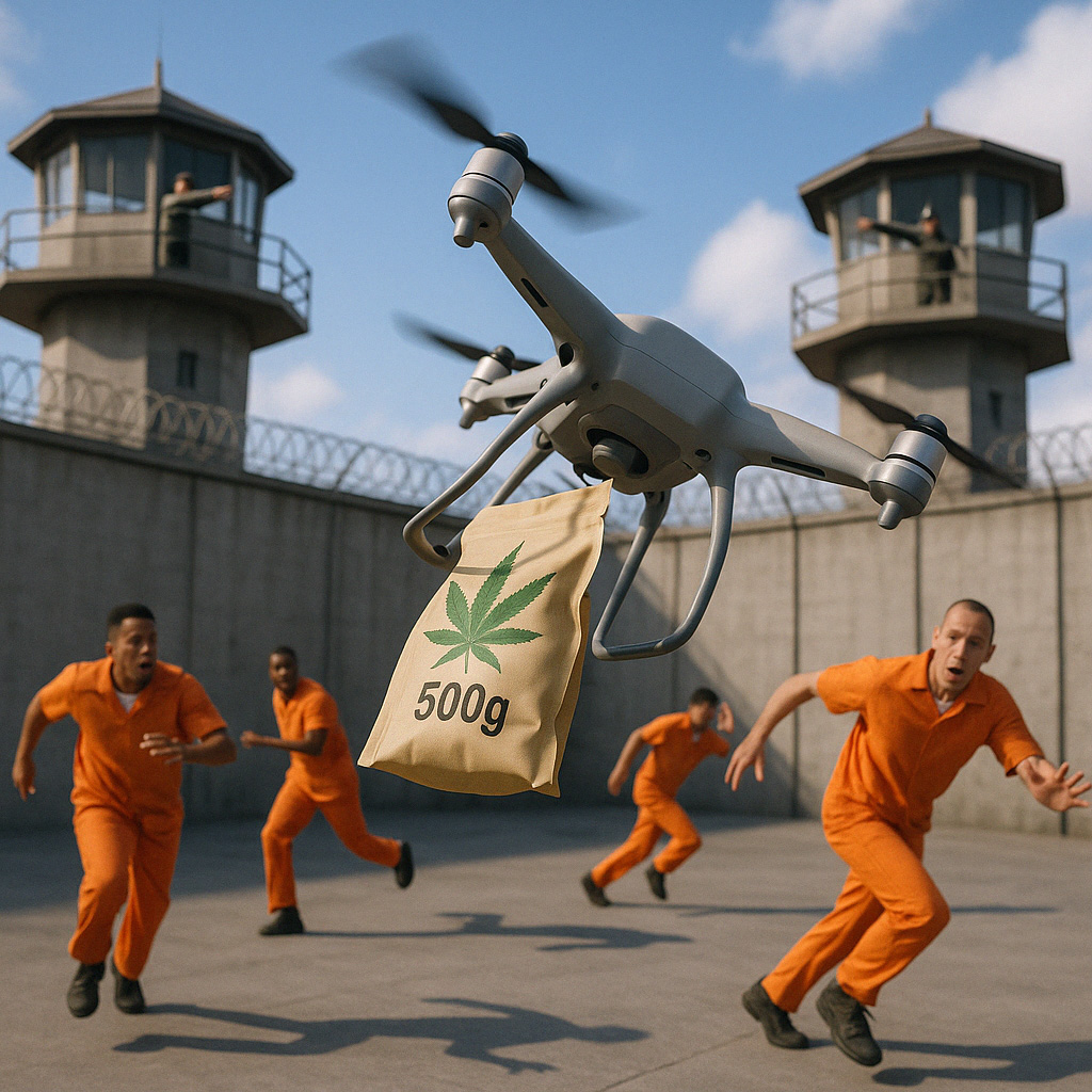 Drone-delivering-marijuana-in-prisonyard_1024x1024 Crime and punishment image, of a drone flying over a prison wall, with inmates in orange jumpsuits scattering in different directions. The drone is dropping off a bag with a large cannabis leaf on it and the measurement of 500g on the outside of the sack. There are prison walls and guardtowers in the background, the drone dropping off the delivery is in focus in the foreground.