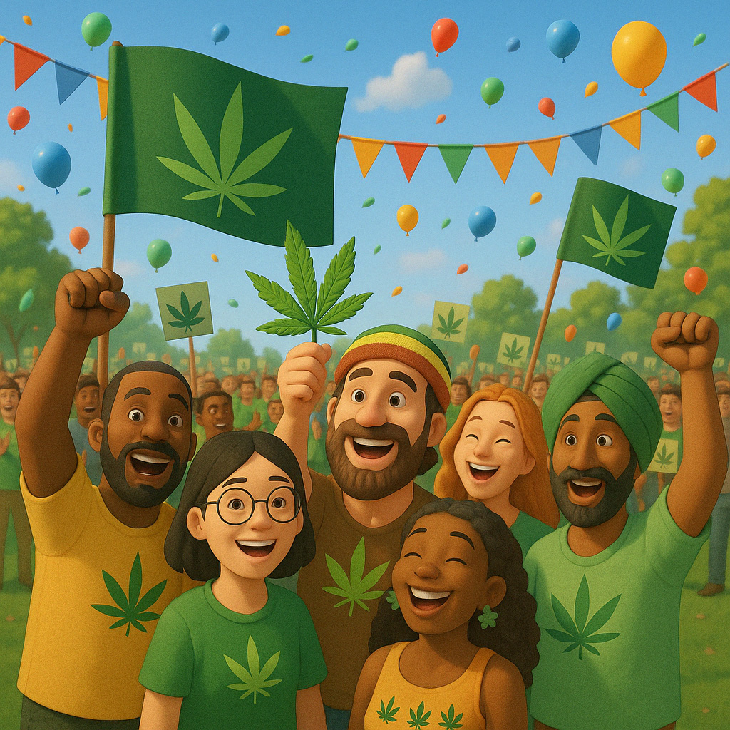 Happy-mixed-culture-group-of-people-3D_1024x1024 Festive multicultural cannabis cartoon character imagery of cannabis culture and industry members at some form of cannabis festival, joyous scene