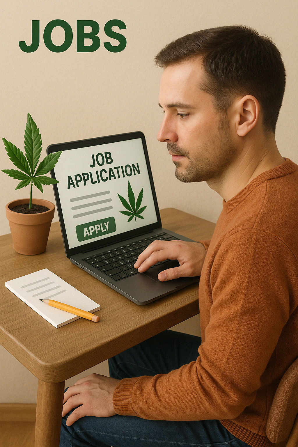 Man-looking-for-jobs_1024x1536 Job Applications, a man sitting at a desk with a computer on it, and a notepad and pencil, and a potted cannabis plant. He is applying for a cannabis industry position online.