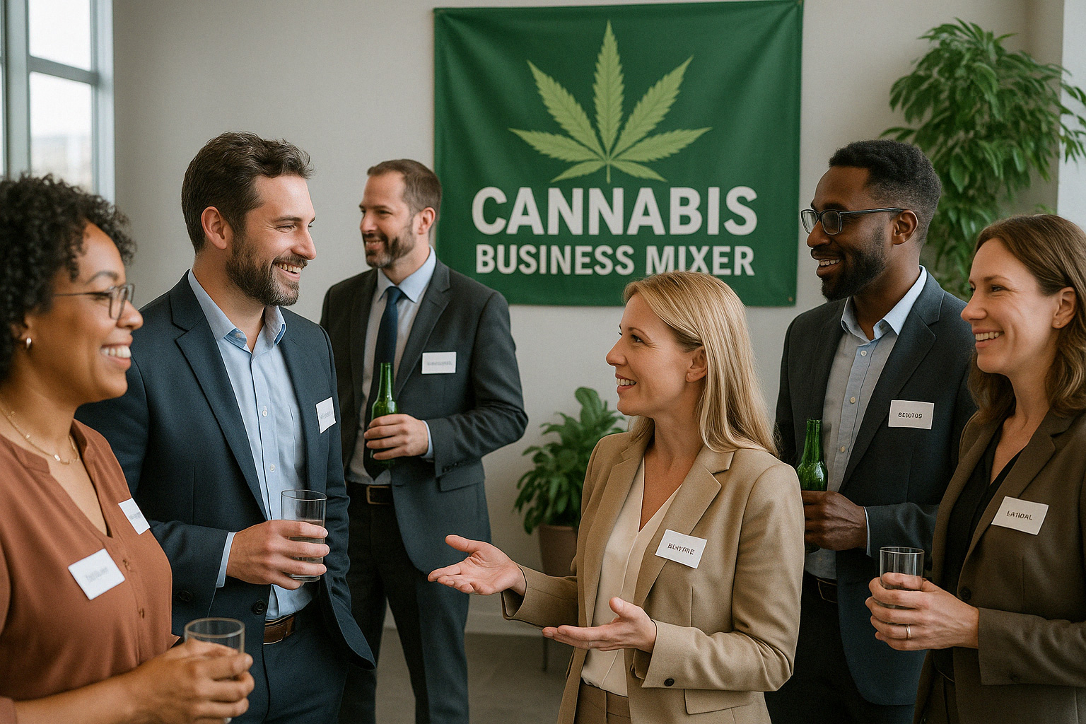 Mocktail-networking_1024x1024 Cannabis Business Mixer, multiple different groups of people in a diverse array of mixer attendees, networking with each other. business professional attire, name tags on their chests, some with drinks in hand and others with beers. some with empty hands simply talking
