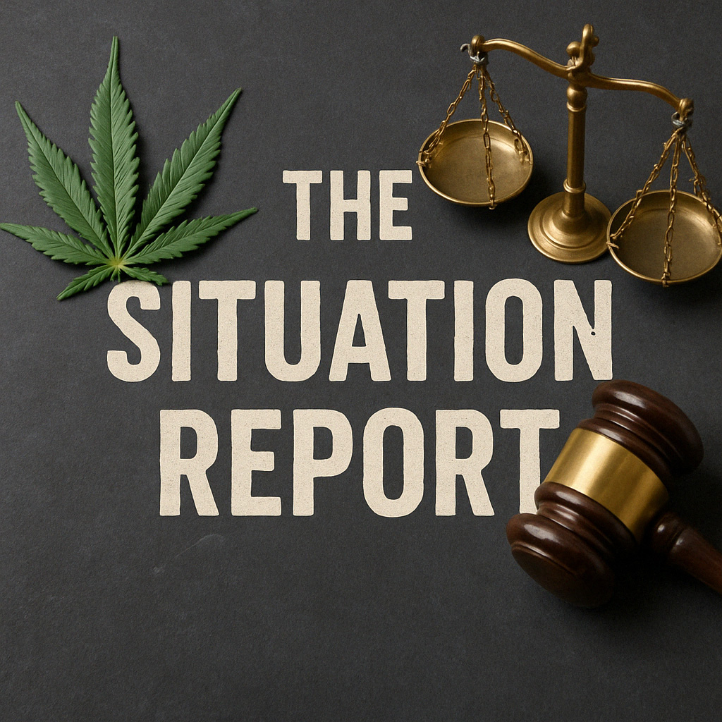 The-Situation-Report_1024x1024 The Situation Report section of the newsletter WeedingTheNews.com , a cannabis fan leaf, a gavel, and the scales of justice sitting over the words 'The Situation Report'