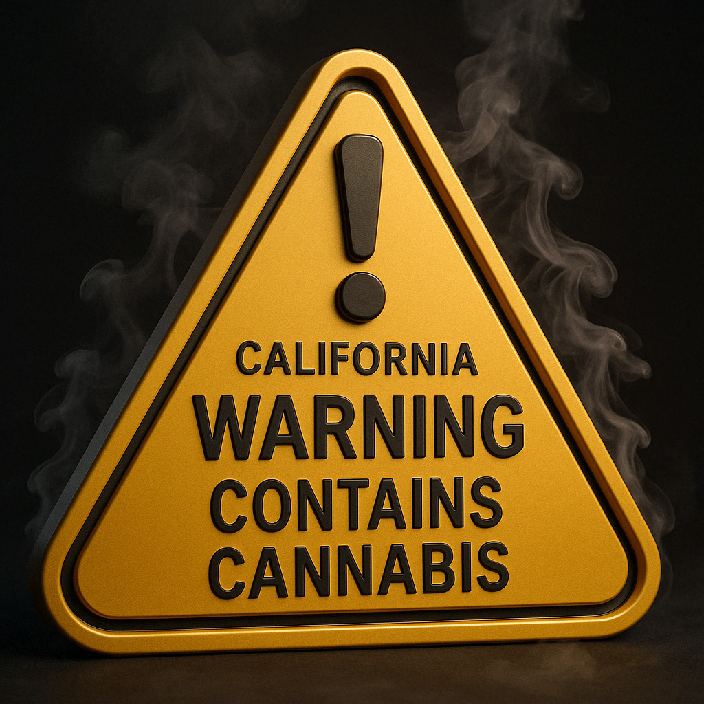 Warning-Caliornia-contains-cannabis_1024x1024 Warning Triangle in yellow with black writing, in 3D rendering, the writing says, '! California Warning Contains Cannabis' and has whispy smoke around the sign, with a black background.