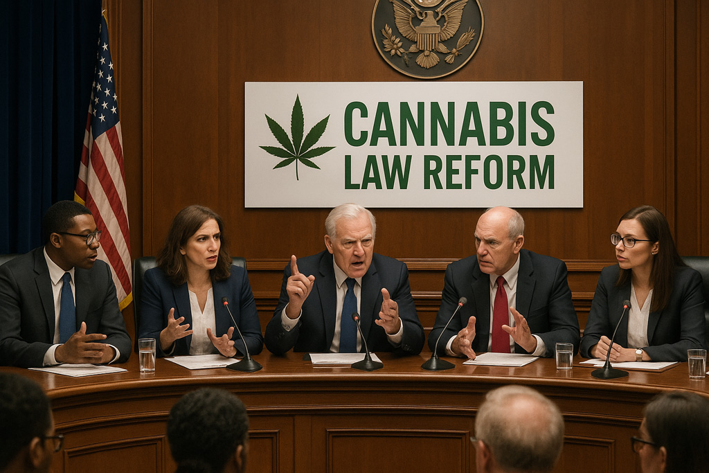 congressional-panel-of-5-diverse-US-lawmakers_1024x683 A congressional panel of five diverse U.S. lawmakers—three men and two women—debate cannabis law reform at a formal hearing. They sit behind a wood-paneled dais with microphones and documents, framed by an American flag, a federal eagle seal, and a large sign reading “CANNABIS LAW REFORM” with a green cannabis leaf graphic.