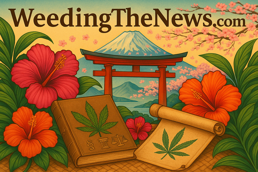 intro-illustration-blending-Japanese-and-Hawaiian-themes_1024x683 A wide digital illustration blending Japanese and Hawaiian themes for 'WeedingTheNews.com.' Mount Fuji and a red torii gate rise in the background, surrounded by cherry blossoms and lush tropical hibiscus flowers. In the foreground, a cannabis leaf-embossed book and scroll rest on a woven mat, symbolizing knowledge and advocacy.