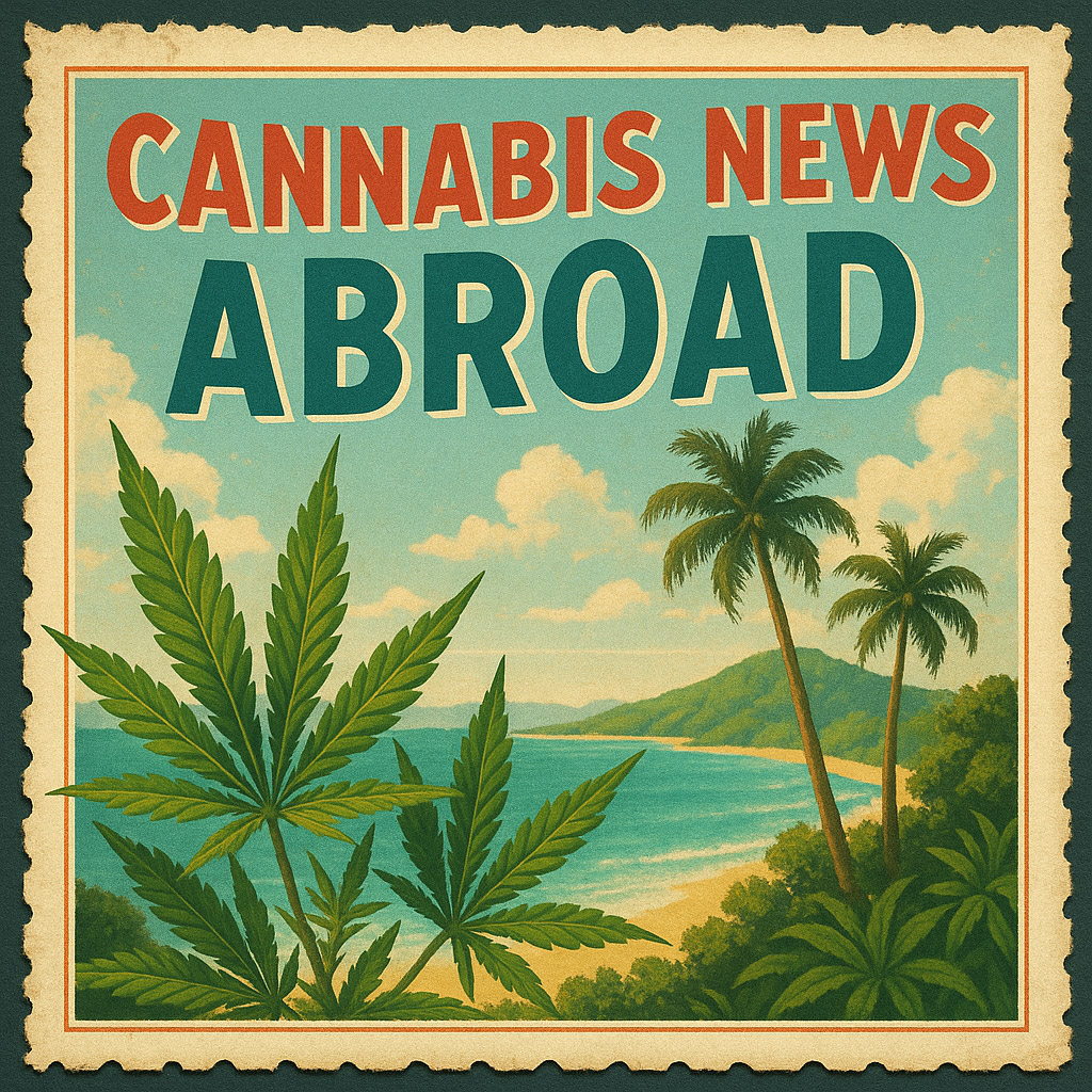 CANNABIS-NEWS-ABROAD_1024x1024 A vintage-style postcard illustration with the title “CANNABIS NEWS ABROAD” in bold red and teal letters. The scene depicts a tropical coastline with turquoise water, lush green hills, and palm trees. In the foreground, several large cannabis leaves are prominently displayed. The image has a nostalgic, travel-poster aesthetic with a soft color palette and decorative border.