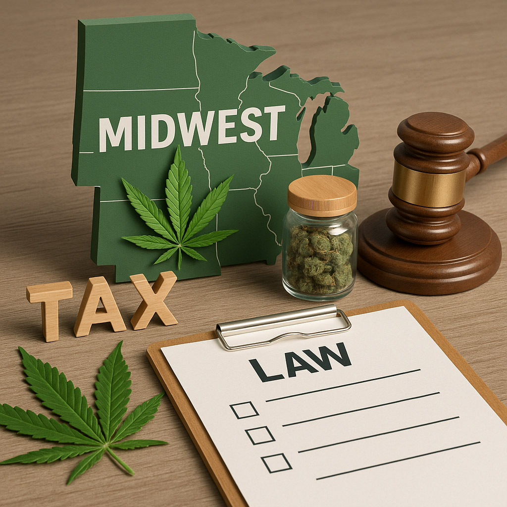 MIDWEST_1024x1024 A 3D-rendered digital image features Midwest cannabis tax and law themes. A green silhouette map of the Midwest labeled "MIDWEST" is surrounded by a wooden gavel, a glass jar of cannabis buds, two cannabis leaves, wooden block letters spelling "TAX," and a clipboard labeled "LAW" with checkboxes. The items are arranged on a wooden tabletop with soft, even lighting.