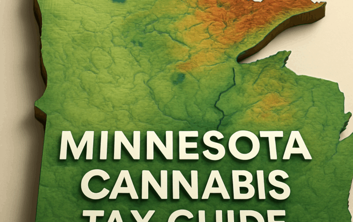 A 3D topographical map of the state of Minnesota with green, orange, and red elevation shading. The bold, white text “MINNESOTA CANNABIS TAX GUIDE” is superimposed in the foreground, contrasting sharply against the terrain.