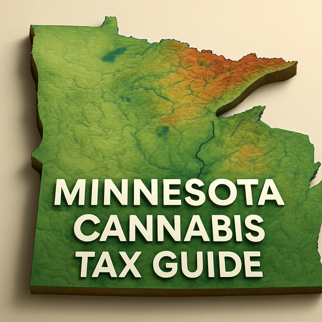 A 3D topographical map of the state of Minnesota with green, orange, and red elevation shading. The bold, white text “MINNESOTA CANNABIS TAX GUIDE” is superimposed in the foreground, contrasting sharply against the terrain.