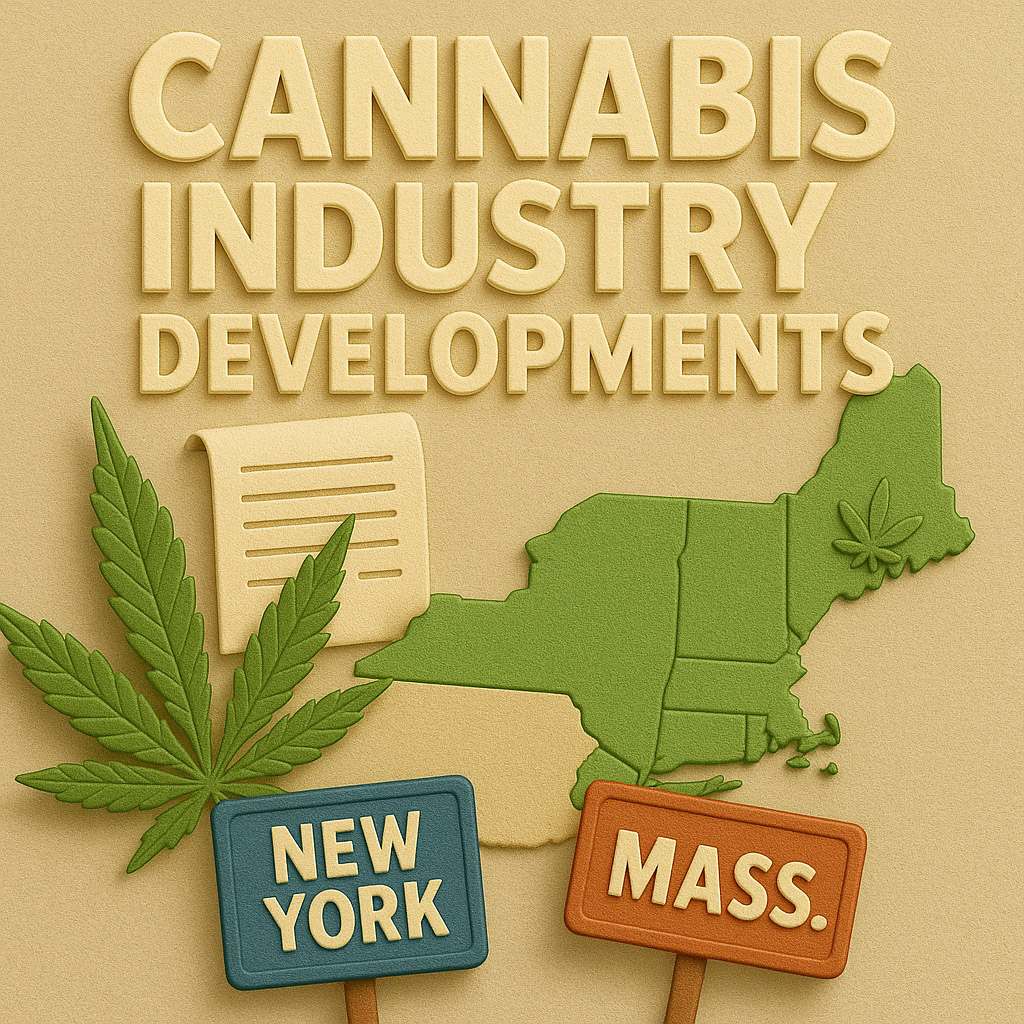 NORTHEAST_1024x1024 Illustration showing the Cannabis Industry Developments in New York and Massachusetts with a map of the northeastern United States