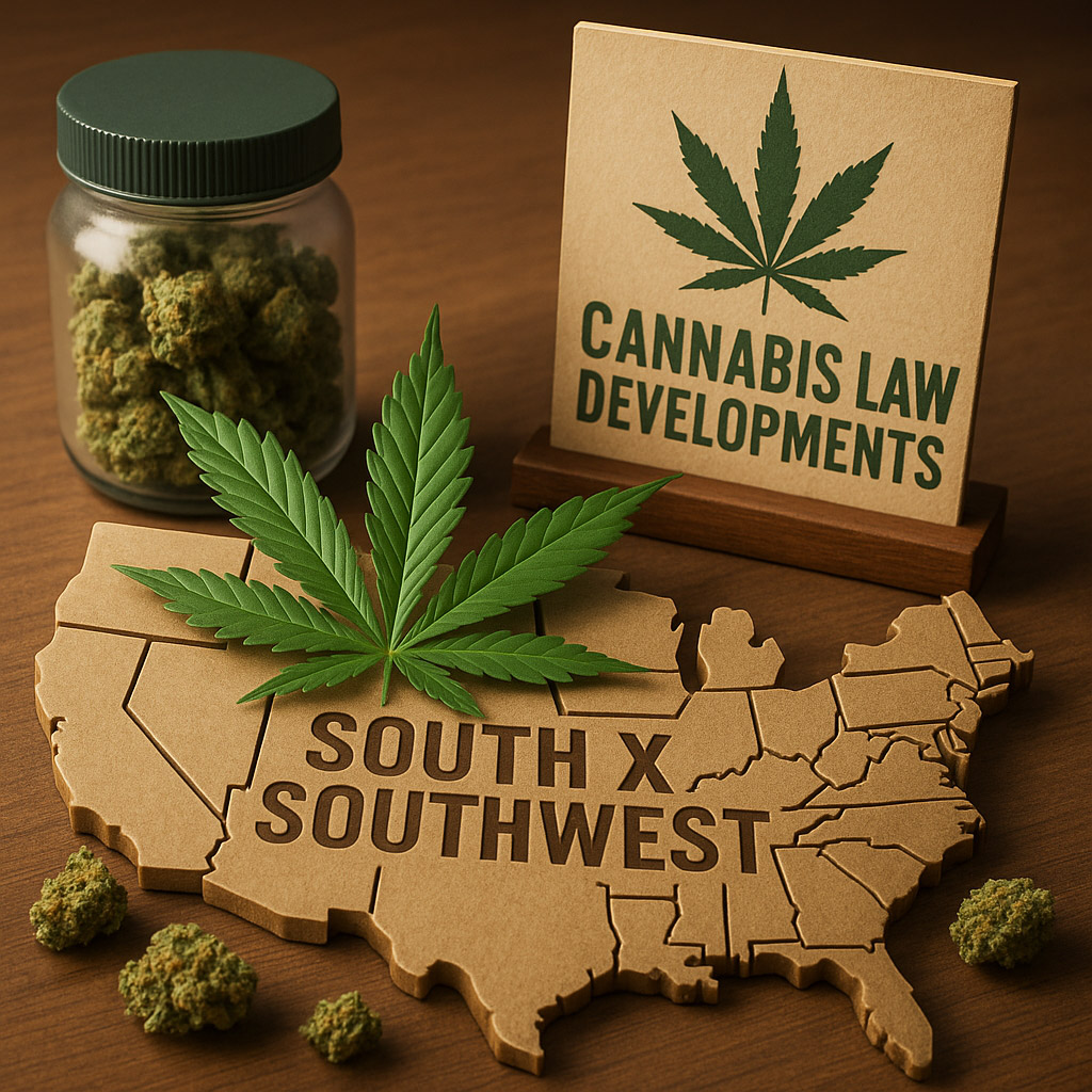 SOUTH-X-SOUTHWEST_1024x1024 A 3D-rendered image featuring a wooden table with a carved map of the U.S. labeled “SOUTH X SOUTHWEST.” A large green cannabis leaf rests over the map. Nearby, a glass jar filled with cannabis buds and a cardboard display reading “CANNABIS LAW DEVELOPMENTS” with a marijuana leaf graphic emphasize the theme. Scattered buds surround the scene.