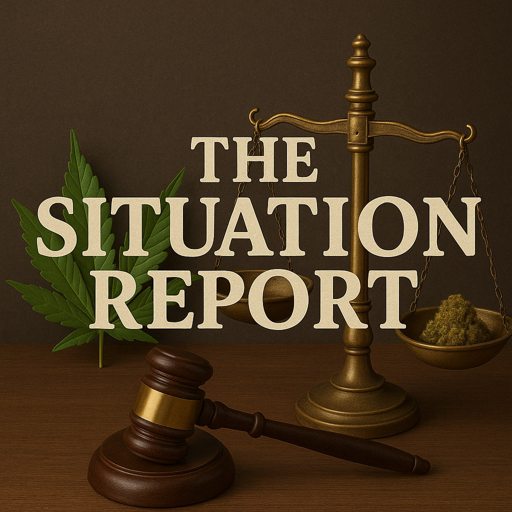 THE-SITUATION-REPORT_1024x1024 A 3D-rendered digital image featuring a legal and cannabis-themed composition. The phrase "THE SITUATION REPORT" is prominently superimposed in large, bold, off-white lettering at the center. Behind the text, a brass set of justice scales holds a cannabis bud in one pan, with the other pan empty. To the left, a vivid green cannabis leaf adds visual emphasis, while a wooden judge's gavel rests on a dark wood surface in the foreground. The background is a muted brown, creating a serious and authoritative tone.