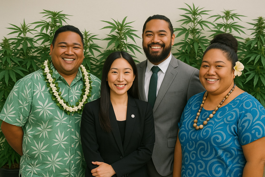 professional-group-Japanese-and-Hawaiian_1024x683 A proud and professional group of four Asian American and Pacific Islander individuals stands in front of a vibrant cannabis farm. The group includes a Japanese woman in a tailored blazer, a Hawaiian man wearing an aloha shirt, a Samoan man in traditional attire, and a Guamanian woman with island-inspired accessories. They smile confidently, reflecting unity, culture, and cannabis industry representation.
