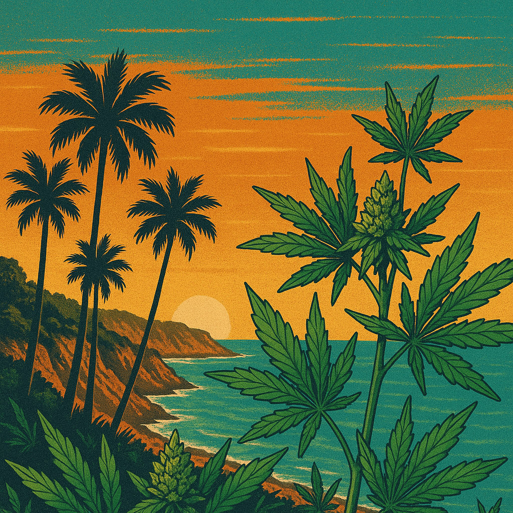 scenic-California-coastline-at-sunset-with-cannbis_1024x1024 A vintage-inspired illustration depicts a scenic California coastline at sunset, with dramatic cliffs, palm trees, and ocean waves. In the foreground, lush cannabis plants with detailed leaves and buds frame the scene. The sky transitions from warm orange to teal, evoking a classic retro postcard feel.