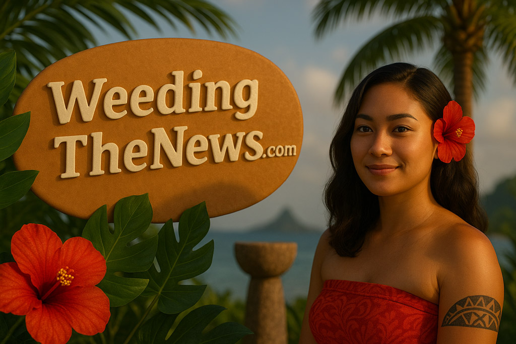 young-Chamorro-woman_1024x683 A high-resolution 3D-rendered image featuring a young Chamorro woman in traditional island attire, standing next to a tropical sign that reads “WeedingTheNews.com” in staggered casing. She wears a red hibiscus flower in her hair and a red patterned wrap, with a traditional Polynesian-style tattoo on her upper arm. Behind her are palm trees, lush greenery, a latte stone, and a calm ocean with distant mountains under a golden sky—capturing a serene, culturally rich Guamanian and Polynesian island theme.