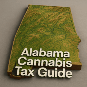 A 3D-rendered topographic map of the state of Alabama, shown from an angled overhead perspective. The terrain features varying green and brown elevations with subtle contour lines, set on a light brown wooden base. In bold white letters across the lower portion of the map reads “Alabama Cannabis Tax Guide,” all against a simple soft gray background.