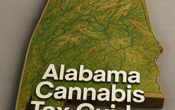 A 3D-rendered topographic map of the state of Alabama, shown from an angled overhead perspective. The terrain features varying green and brown elevations with subtle contour lines, set on a light brown wooden base. In bold white letters across the lower portion of the map reads “Alabama Cannabis Tax Guide,” all against a simple soft gray background.