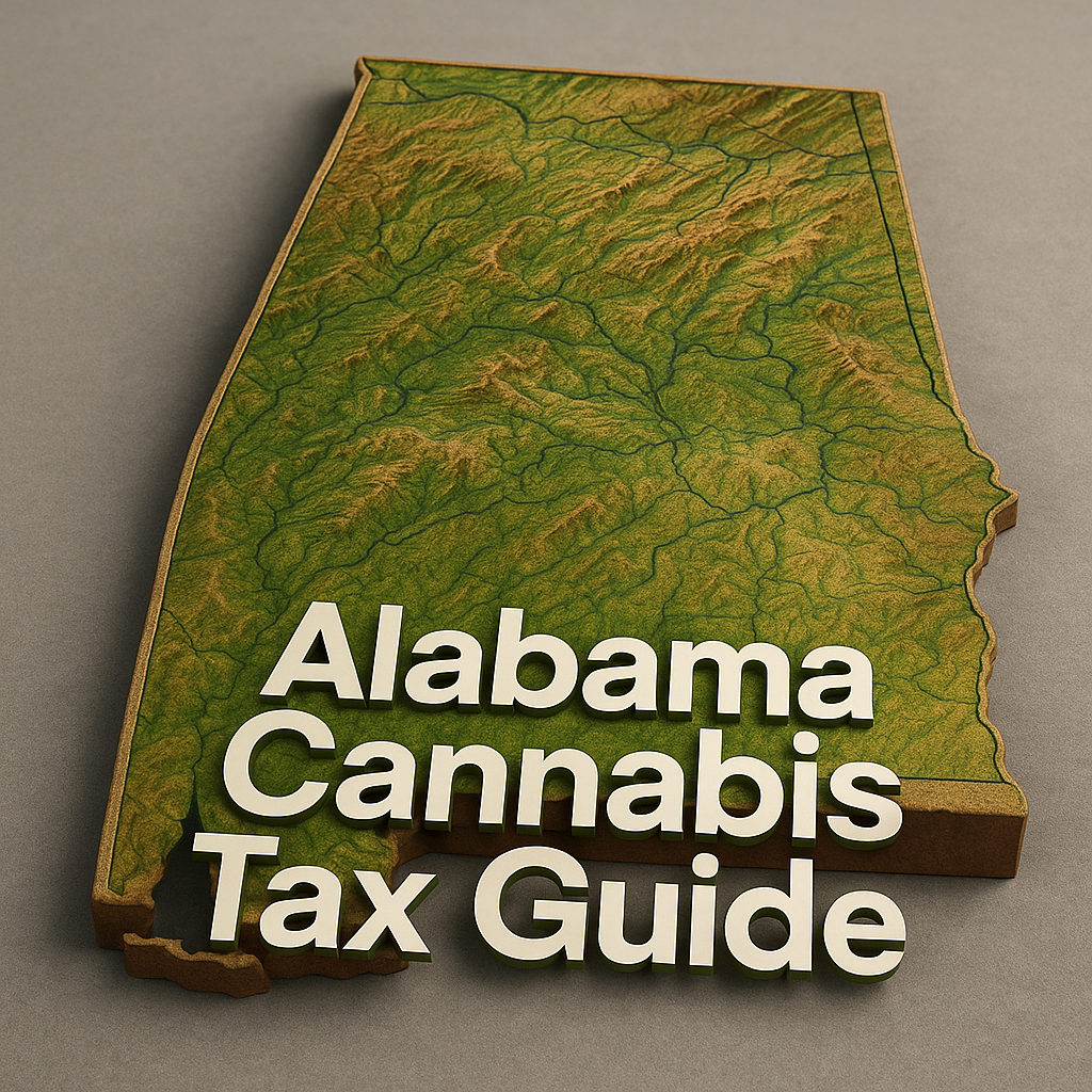 A 3D-rendered topographic map of the state of Alabama, shown from an angled overhead perspective. The terrain features varying green and brown elevations with subtle contour lines, set on a light brown wooden base. In bold white letters across the lower portion of the map reads “Alabama Cannabis Tax Guide,” all against a simple soft gray background.