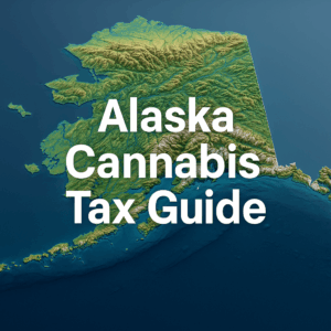 A detailed 3D topographic map of Alaska viewed from an angled overhead perspective, showing coastal outlines and rugged mountain ranges in shades of green, yellow, and brown, with deep blue ocean surrounding the state. Bold white text reading “Alaska Cannabis Tax Guide” is centered prominently across the map.
