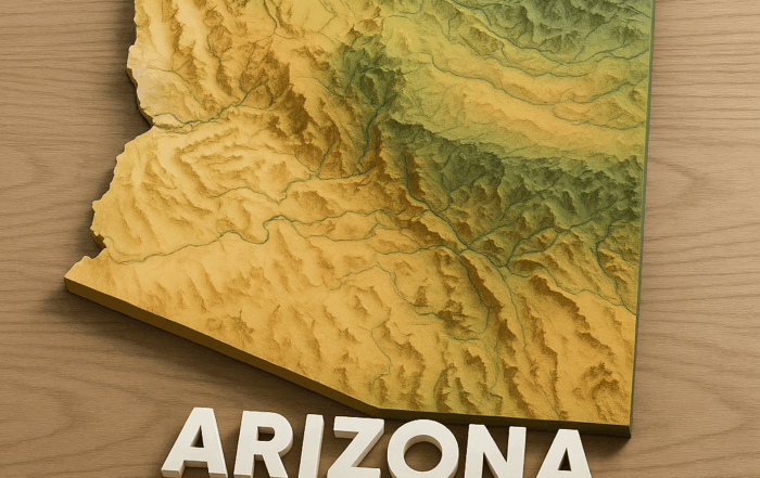 A 3D topographic relief map of Arizona displayed on a wooden surface. Elevations are shown in layered earthy tones—beige and yellow for lowlands, browns for plateaus, and greenish-grays for mountainous regions. Prominently placed in the foreground are bold white capital letters reading “ARIZONA CANNABIS TAX GUIDE,” casting a subtle shadow on the wood grain background.