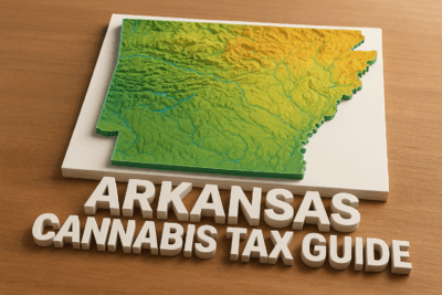 A 3D topographic map of Arkansas sits on a rectangular white base atop a wooden surface. The map’s lowlands are shaded in green, transitioning to golden yellow at higher elevations, with thin blue lines tracing rivers and waterways. In front of the base, bold three-dimensional white letters spell out “ARKANSAS CANNABIS TAX GUIDE.” The scene is softly lit, highlighting the texture of the terrain and the crisp edges of the text.
