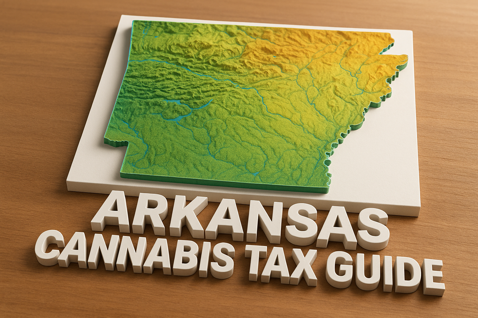 A 3D topographic map of Arkansas sits on a rectangular white base atop a wooden surface. The map’s lowlands are shaded in green, transitioning to golden yellow at higher elevations, with thin blue lines tracing rivers and waterways. In front of the base, bold three-dimensional white letters spell out “ARKANSAS CANNABIS TAX GUIDE.” The scene is softly lit, highlighting the texture of the terrain and the crisp edges of the text.