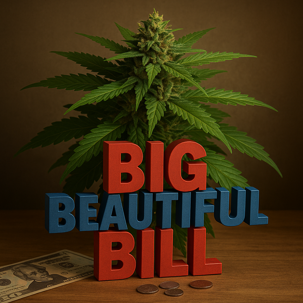A 3D-rendered digital image features a large cannabis plant in full flower, centered behind bold red and blue block letters spelling "BIG BEAUTIFUL BILL." The plant is healthy and vibrant, with detailed green leaves extending outward. In the foreground, a $20 bill and scattered coins rest on a wooden surface, all set against a warm-toned background that blends realism with subtle political irony.