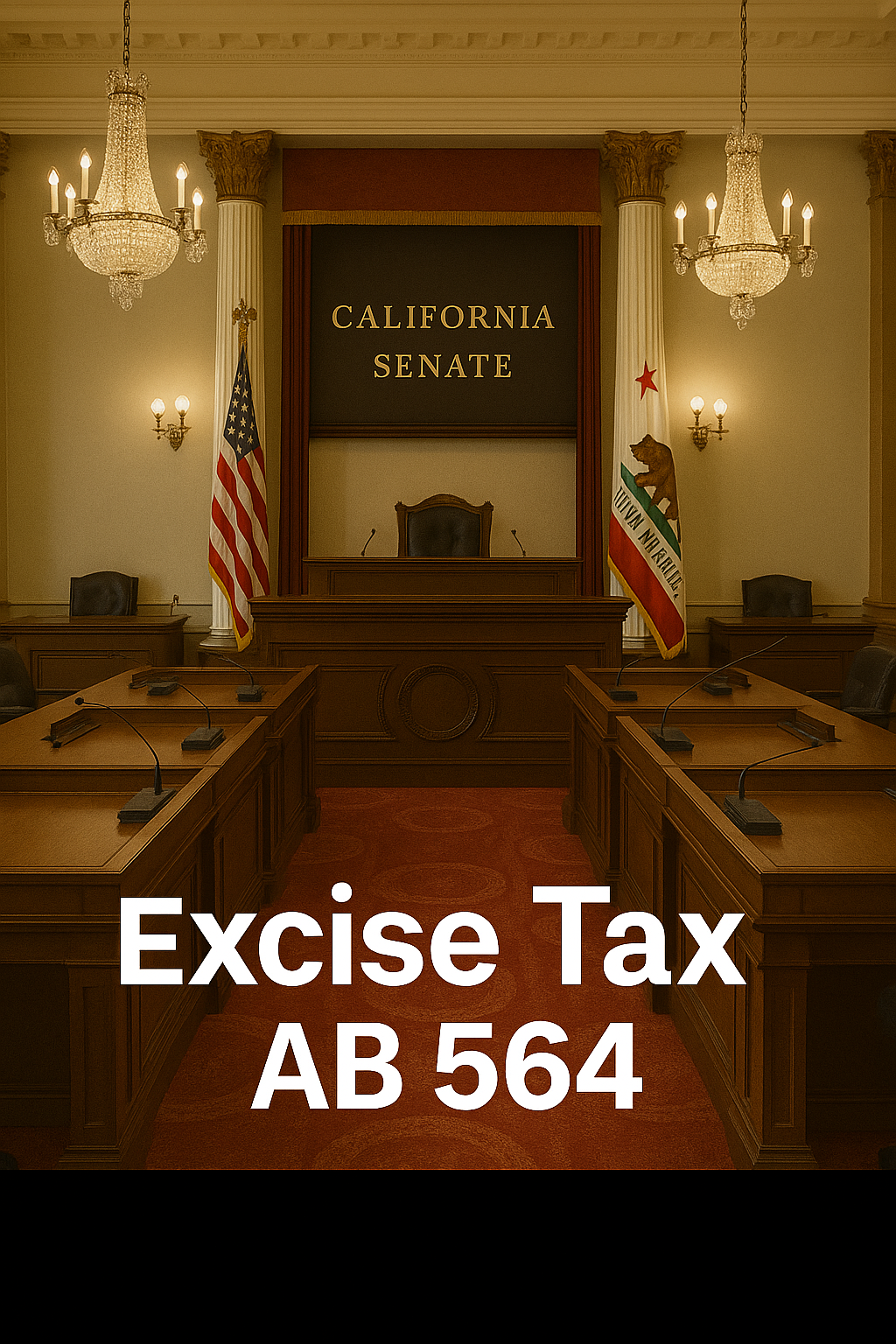 California Senate committee chamber with ornate wooden desks, chandeliers, and U.S. and California state flags. At the bottom center, the words 'Excise Tax' and 'AB 564' are displayed in bold white text.
