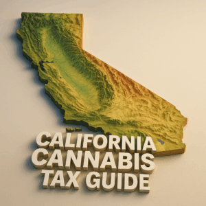 An 1024x1024 image showing a three-dimensional topographic map of California in varying shades of green, brown, and red to indicate elevation, with bold white 3D lettering in the foreground reading ‘California Cannabis Tax Guide.’