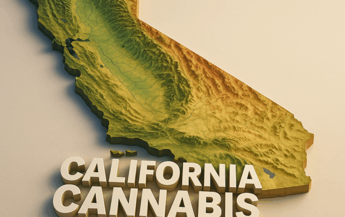 An 1024x1024 image showing a three-dimensional topographic map of California in varying shades of green, brown, and red to indicate elevation, with bold white 3D lettering in the foreground reading ‘California Cannabis Tax Guide.’