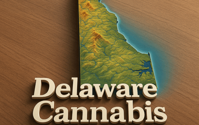 A stylized 3D topographic rendering of Delaware viewed from a slight angle, with textured elevations in green and golden hues and blue waterways tracing the state’s contours on a wooden surface background. In the foreground, bold three-line white lettering reads “Delaware Cannabis Tax Guide,” casting soft shadows for depth.