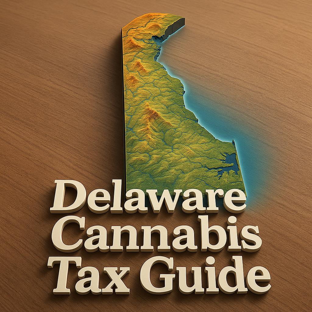 A stylized 3D topographic rendering of Delaware viewed from a slight angle, with textured elevations in green and golden hues and blue waterways tracing the state’s contours on a wooden surface background. In the foreground, bold three-line white lettering reads “Delaware Cannabis Tax Guide,” casting soft shadows for depth.