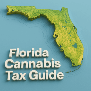 A detailed 3D topographic rendering of the state of Florida viewed at an angle, with green lowlands transitioning to yellow and beige at higher elevations. Contour lines trace the coastline into a light-blue ocean backdrop. In the lower left foreground, large white 3D letters read “Florida Cannabis Tax Guide.”