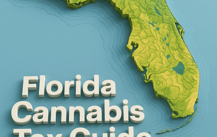 A detailed 3D topographic rendering of the state of Florida viewed at an angle, with green lowlands transitioning to yellow and beige at higher elevations. Contour lines trace the coastline into a light-blue ocean backdrop. In the lower left foreground, large white 3D letters read “Florida Cannabis Tax Guide.”