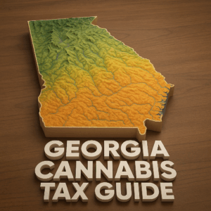A 3D topographic map of the state of Georgia is displayed on a wooden surface, showing terrain elevations with green, yellow, and orange gradients. Below the map, bold white 3D text reads "GEORGIA CANNABIS TAX GUIDE."