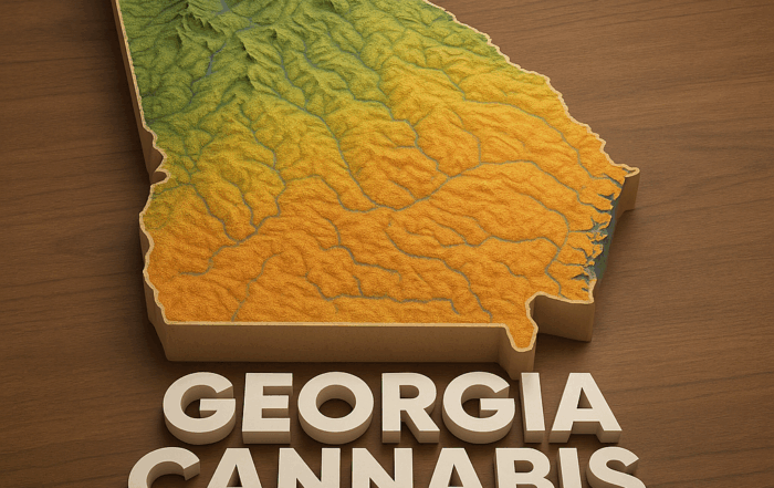A 3D topographic map of the state of Georgia is displayed on a wooden surface, showing terrain elevations with green, yellow, and orange gradients. Below the map, bold white 3D text reads "GEORGIA CANNABIS TAX GUIDE."