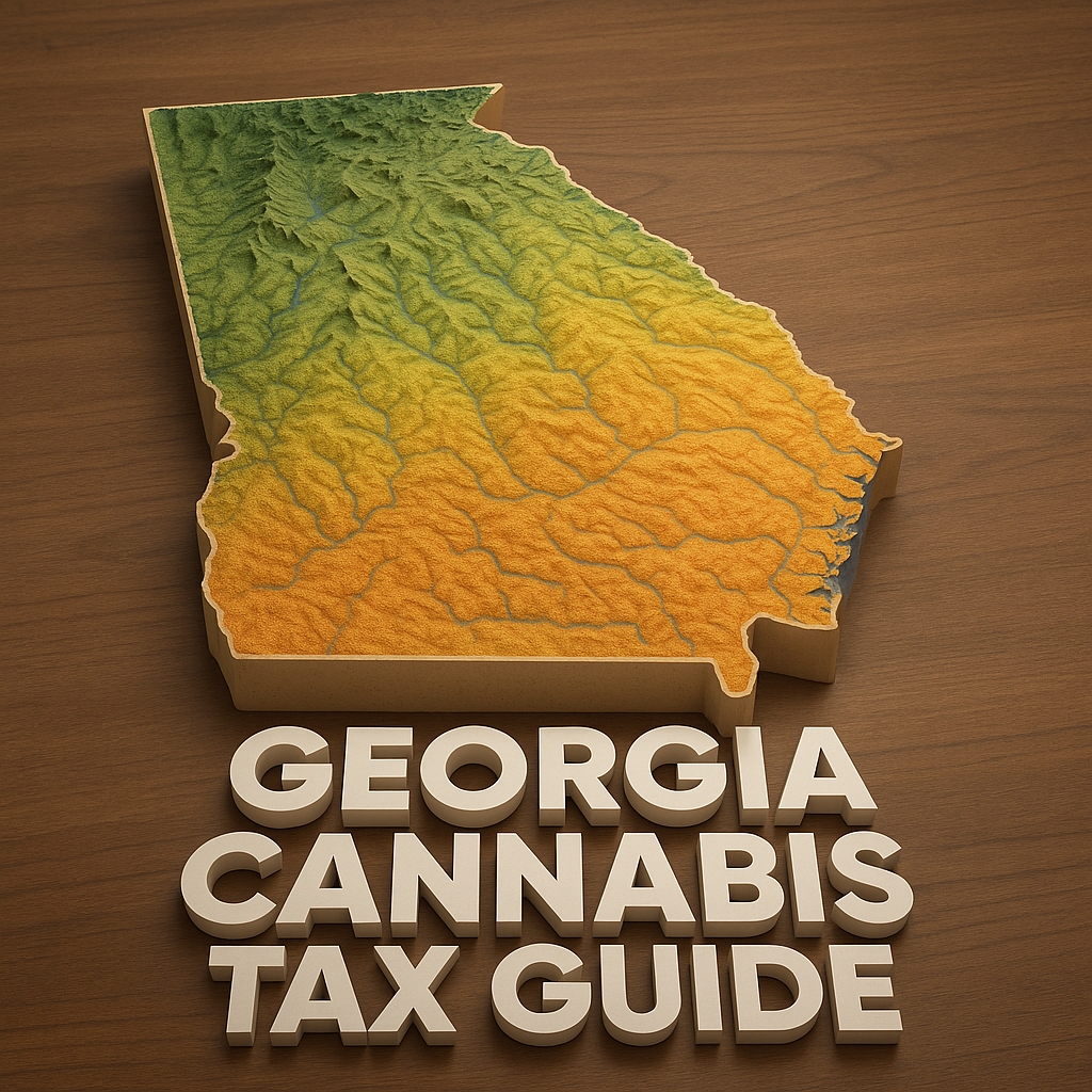 A 3D topographic map of the state of Georgia is displayed on a wooden surface, showing terrain elevations with green, yellow, and orange gradients. Below the map, bold white 3D text reads "GEORGIA CANNABIS TAX GUIDE."
