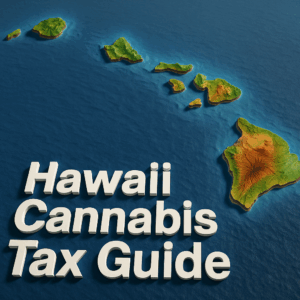 A high-resolution 3D topographic map of the Hawaiian Islands viewed from a slight overhead angle. Each island is rendered with realistic elevation shading—lush greens at lower elevations transitioning to earthy browns at peaks. The surrounding Pacific Ocean is depicted in gradient blues indicating depth. In the lower left foreground, bold white three-dimensional text reads “Hawaii Cannabis Tax Guide.”