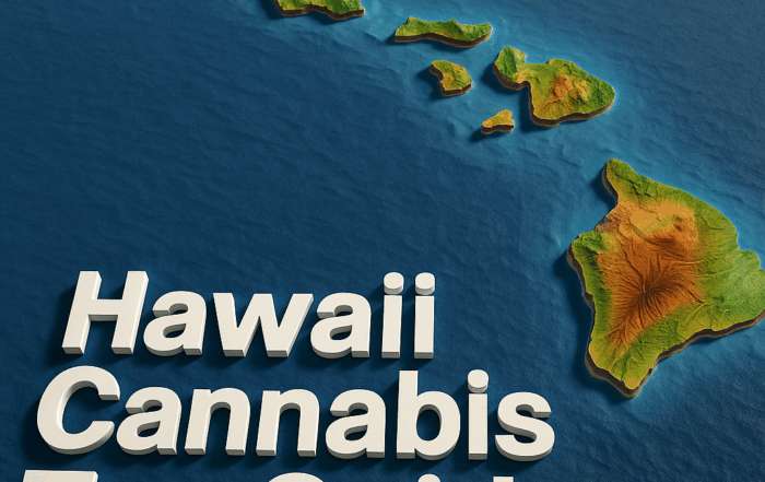 A high-resolution 3D topographic map of the Hawaiian Islands viewed from a slight overhead angle. Each island is rendered with realistic elevation shading—lush greens at lower elevations transitioning to earthy browns at peaks. The surrounding Pacific Ocean is depicted in gradient blues indicating depth. In the lower left foreground, bold white three-dimensional text reads “Hawaii Cannabis Tax Guide.”