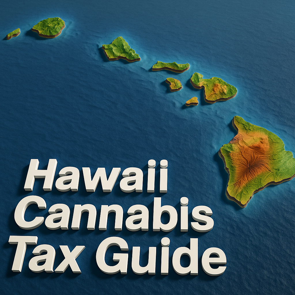 A high-resolution 3D topographic map of the Hawaiian Islands viewed from a slight overhead angle. Each island is rendered with realistic elevation shading—lush greens at lower elevations transitioning to earthy browns at peaks. The surrounding Pacific Ocean is depicted in gradient blues indicating depth. In the lower left foreground, bold white three-dimensional text reads “Hawaii Cannabis Tax Guide.”