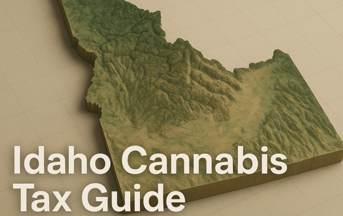 A three‑dimensional topographic relief map of Idaho showing green lowlands and brown mountain ranges on a beige grid background, with bold white text beneath reading “Idaho Cannabis Tax Guide – CBD‑Only – 2025.”