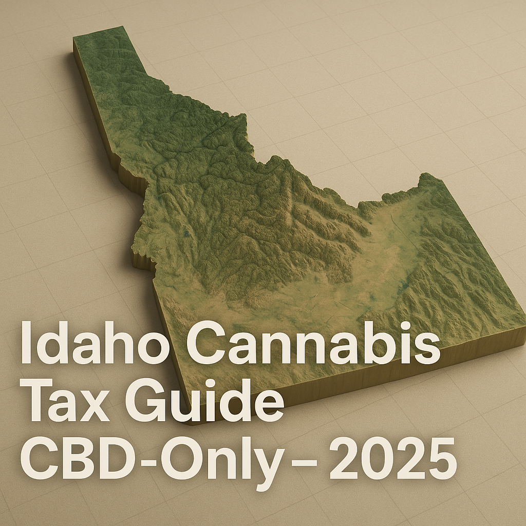 A three‑dimensional topographic relief map of Idaho showing green lowlands and brown mountain ranges on a beige grid background, with bold white text beneath reading “Idaho Cannabis Tax Guide – CBD‑Only – 2025.”