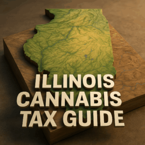 A 3D topographic rendering of the state of Illinois in textured green, yellow, and brown hues, resting on a warm brown background. Bold white block letters across the lower half spell “ILLINOIS CANNABIS TAX GUIDE,” partially overlapping the map’s raised contours. The lighting creates soft shadows around the map and text, emphasizing the elevation details.