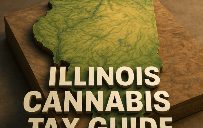 A 3D topographic rendering of the state of Illinois in textured green, yellow, and brown hues, resting on a warm brown background. Bold white block letters across the lower half spell “ILLINOIS CANNABIS TAX GUIDE,” partially overlapping the map’s raised contours. The lighting creates soft shadows around the map and text, emphasizing the elevation details.