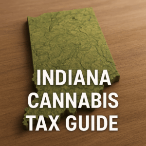 3D-rendered topographic map of Indiana in green, resting on a wooden surface. The terrain texture highlights elevation changes, and bold white text in the foreground reads “INDIANA CANNABIS TAX GUIDE.”