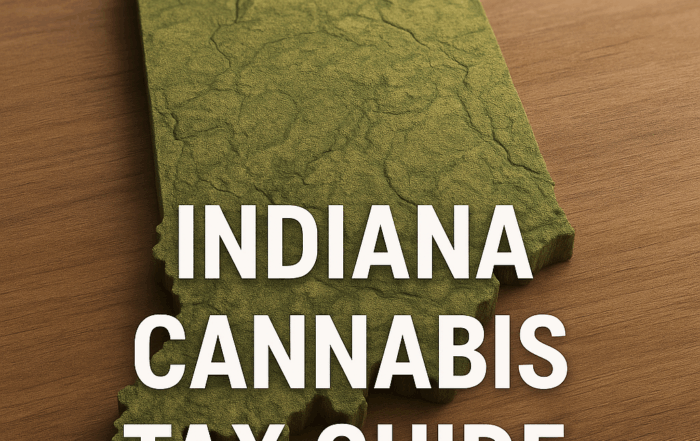 3D-rendered topographic map of Indiana in green, resting on a wooden surface. The terrain texture highlights elevation changes, and bold white text in the foreground reads “INDIANA CANNABIS TAX GUIDE.”