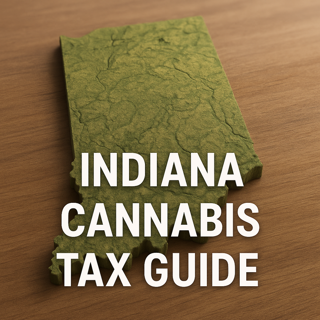 3D-rendered topographic map of Indiana in green, resting on a wooden surface. The terrain texture highlights elevation changes, and bold white text in the foreground reads “INDIANA CANNABIS TAX GUIDE.”